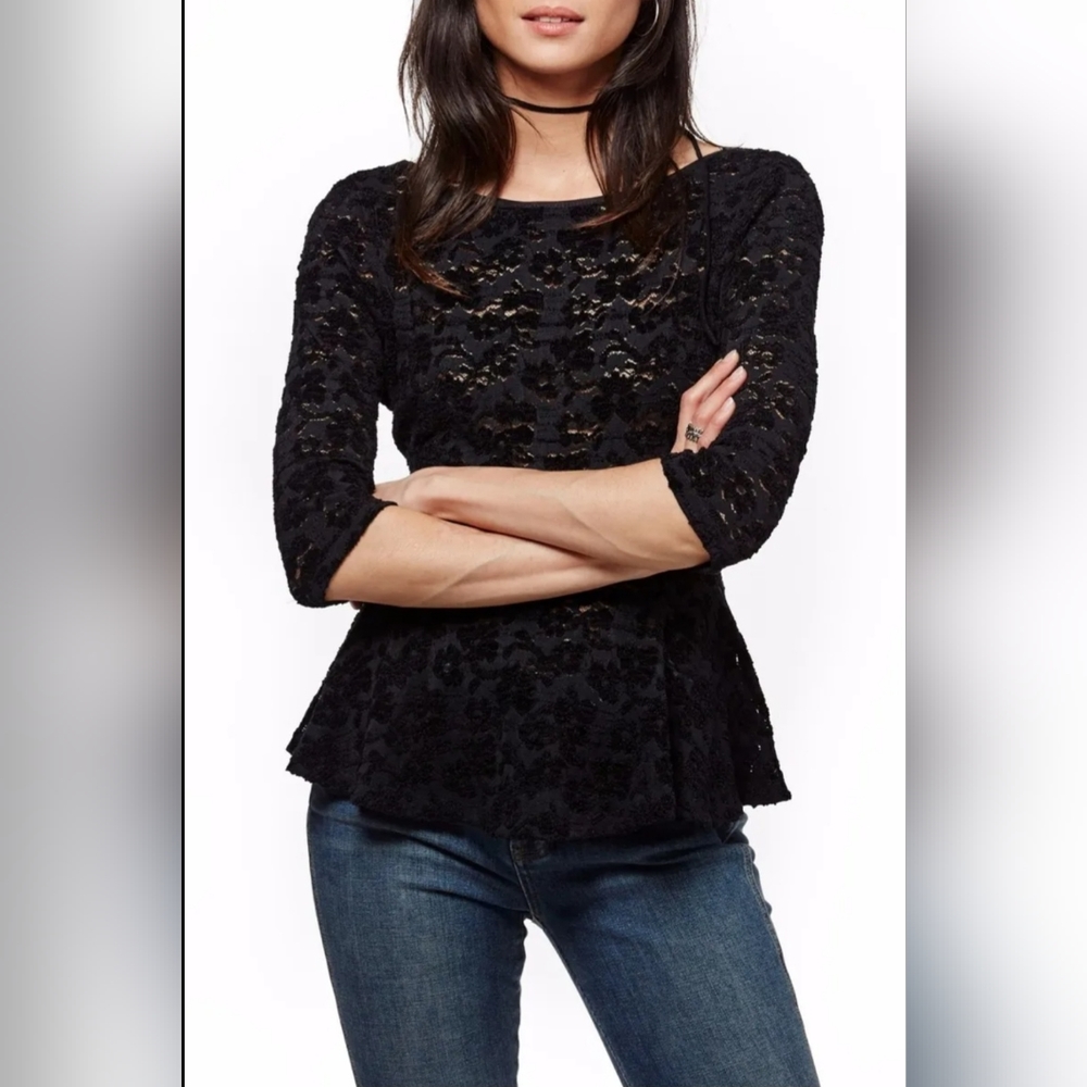 Free People Black Chenille Lace Peplum Blouse Top Three Quarter Sleeve M